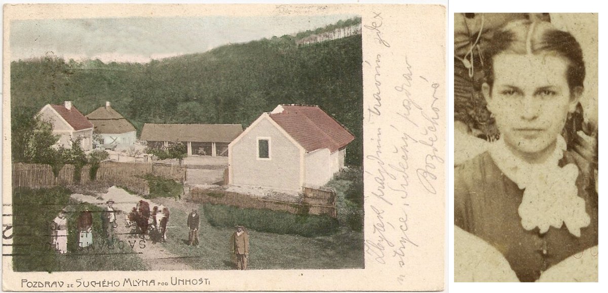Pohlednice Suchého mlýna a fotografie Ludmily Bozděchové